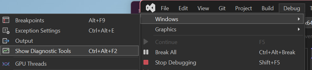 Debug>Windows>Show Diagnostic Tools