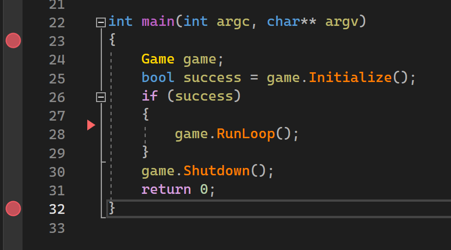 Breakpoints at start/end of main